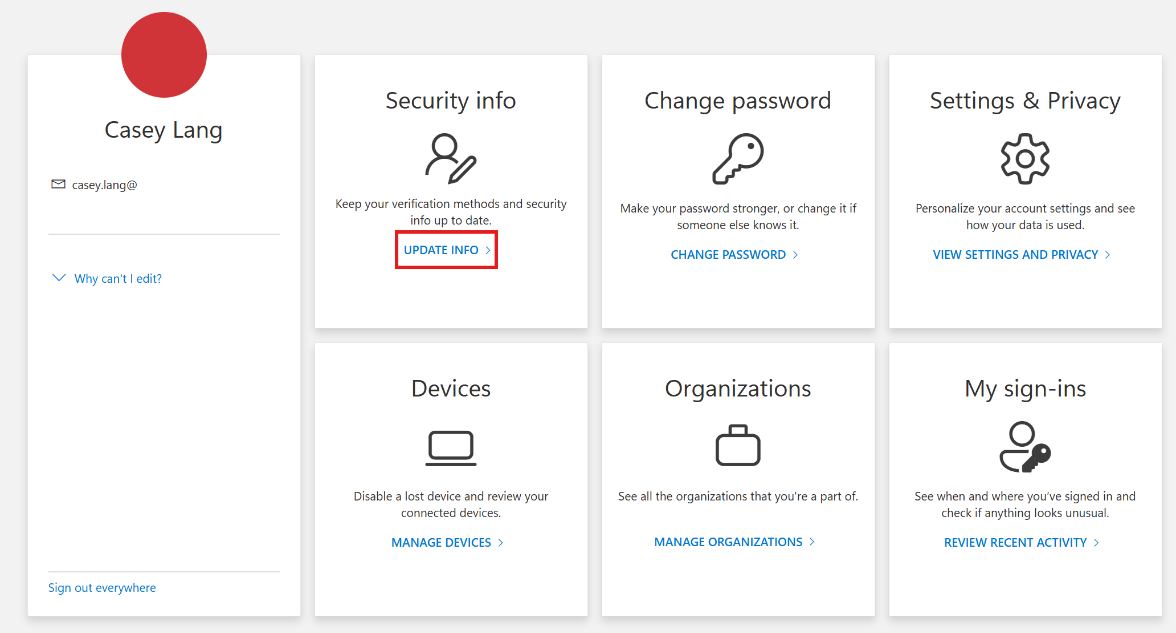Security Info section in Azure account portal
