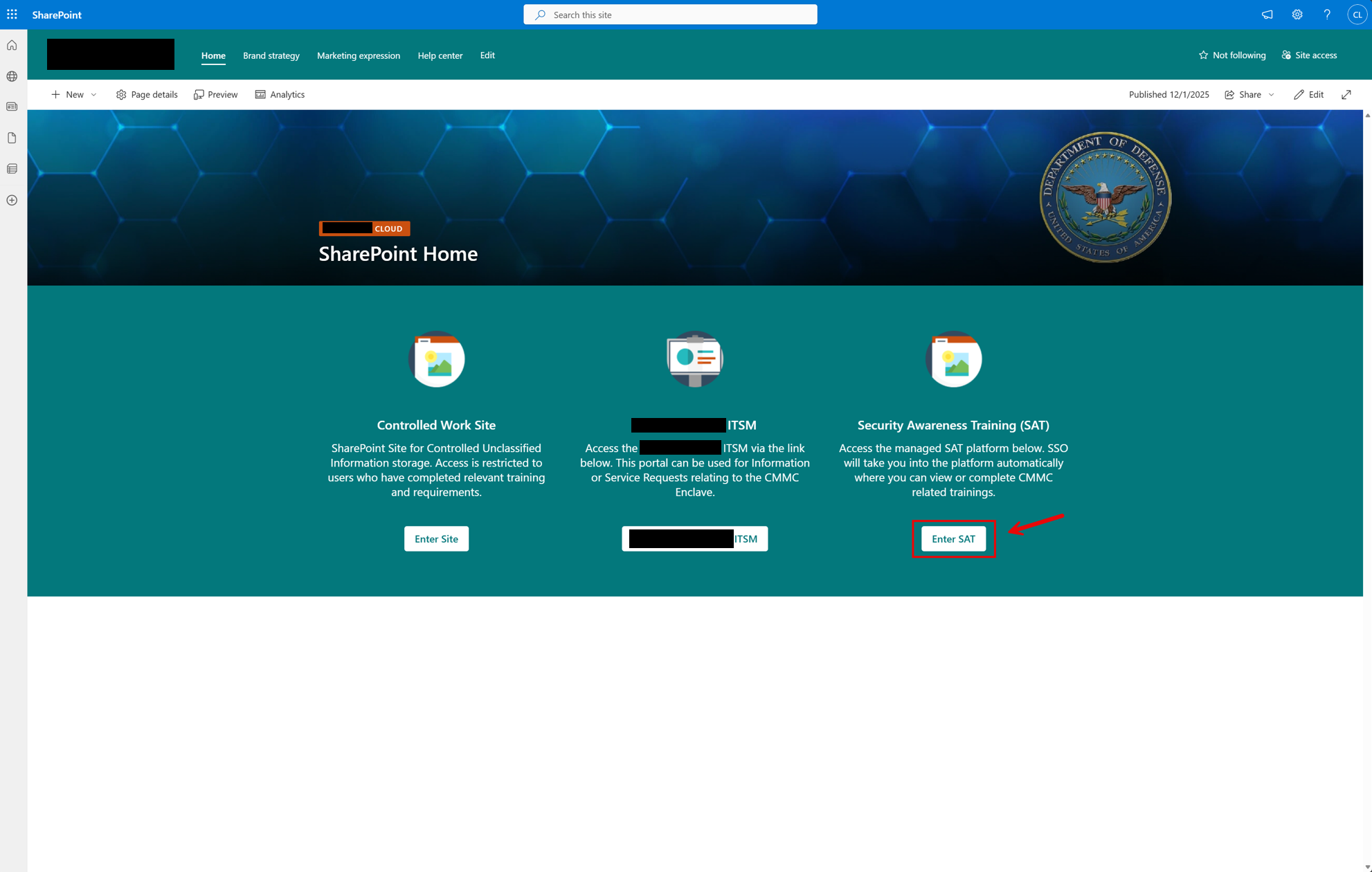 SharePoint home page with Enter SAT button highlighted